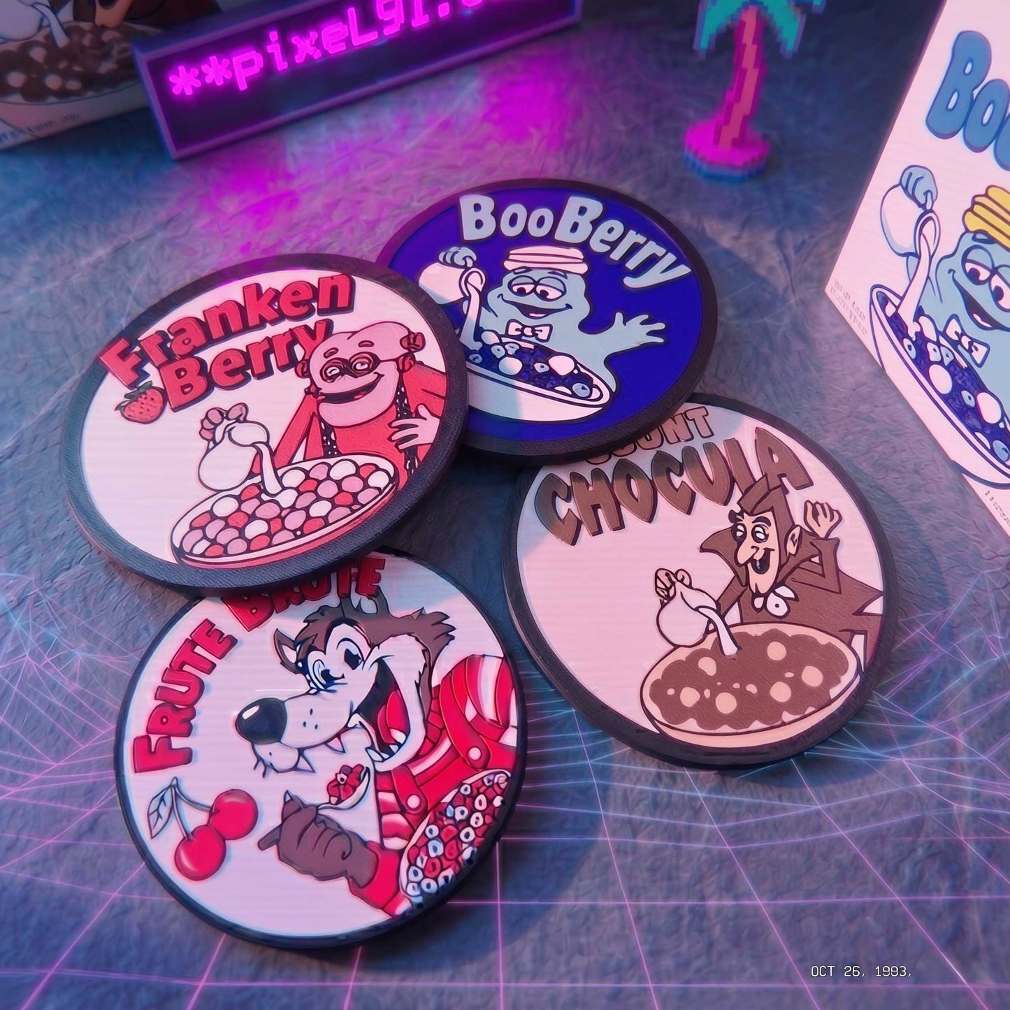 Retro Monster Cereal 3D Printed Coaster Set (4-Pack) with Holder