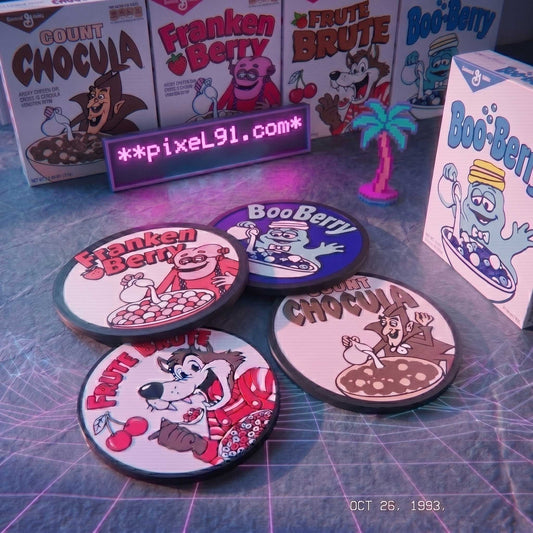 Retro Monster Cereal 3D Printed Coaster Set (4-Pack) with Holder